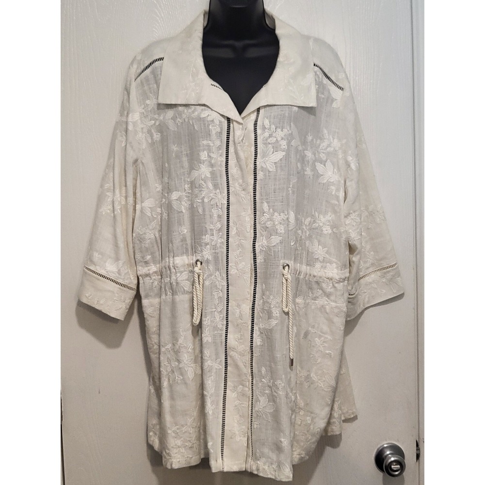 Chicos Womens White Floral Embroidered Linen Utility Jacket Sz 4 Fairy Cottage
